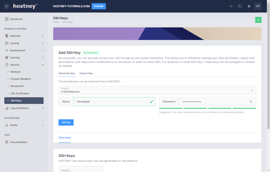 Web Hosting - Add SSH Key