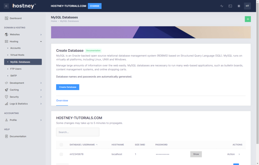 Web Hosting - Create MySQL Database