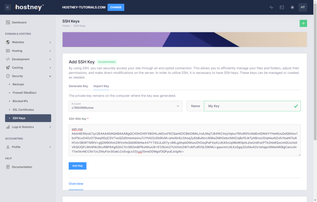 Web Hosting - Import Public Key
